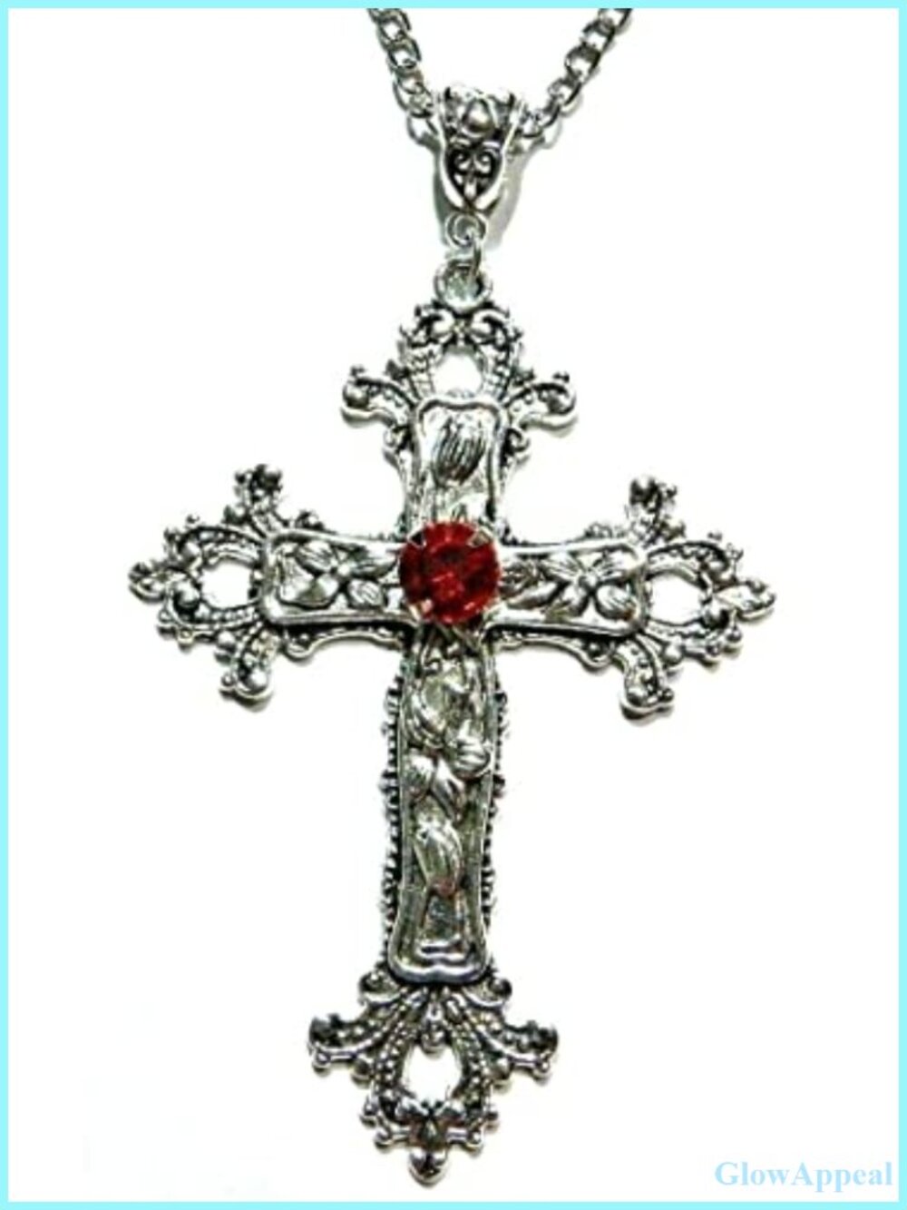 Gothic Cross Necklace Silver-Tone Glass Stone Pendant 25" Steel Chain